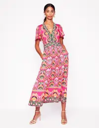 Ellie Flutter Maxi Tea Dress-Pink Peony. Ornamental Floral(Petite,2)