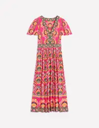 Ellie Flutter Maxi Tea Dress-Pink Peony. Ornamental Floral(Petite,2)