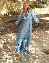 Una Linen Embroidered Dress-Chambray