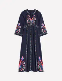 Una Linen Embroidered Dress-Navy. Multi Embroidery(Petite,2)