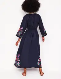 Una Linen Embroidered Dress-Navy. Multi Embroidery(Petite,2)