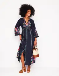 Una Linen Embroidered Dress-Navy. Multi Embroidery(Petite,2)