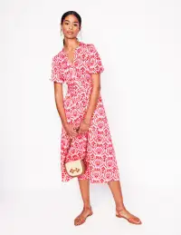 Sofia Trim Jersey Midi Dress-Poppy Red. Ornamental Floral(Petite,2)