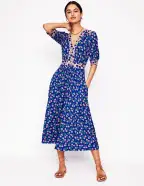 Lily Jersey Midi Tea Dress-Bright Blue. Carnation Sprig(Petite,2)