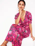 Kristen Pleated Jersey Dress-Pink Yarrow. Carnation Vine