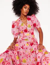Bella Puff Sleeve Maxi Dress-Salmon Pink. Carnation Vine