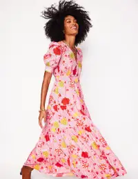 Bella Puff Sleeve Maxi Dress-Salmon Pink. Carnation Vine(Petite,2)