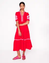 Amara Embroidered Jersey Dress-Poppy Red. Pink Peony(Petite,2)