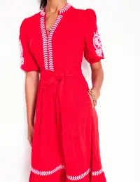 Amara Embroidered Jersey Dress-Poppy Red. Pink Peony(Petite,2)