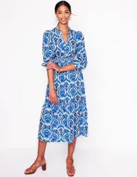 Elena Tiered Cotton Midi Dress-Blue. Ornamental Floral(Petite,2)