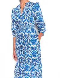 Elena Tiered Cotton Midi Dress-Blue. Ornamental Floral(Petite,2)