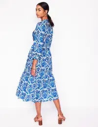 Elena Tiered Cotton Midi Dress-Blue. Ornamental Floral(Petite,2)