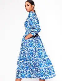 Elena Tiered Cotton Midi Dress-Blue. Ornamental Floral(Petite,2)