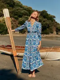 Elena Tiered Cotton Midi Dress-Blue. Ornamental Floral