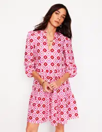 Esme Linen Short Dress-Pink Power. Geometric Stamp