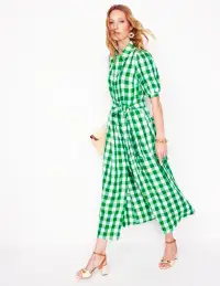 Alexa Linen Maxi Shirt Dress-Rich Emerald Gingham(Petite,2)