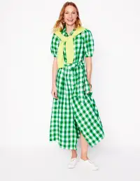 Alexa Linen Maxi Shirt Dress-Rich Emerald Gingham(Petite,2)