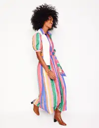 Alexa Linen Maxi Shirt Dress-Bright Rainbow Stripe(Petite,2)
