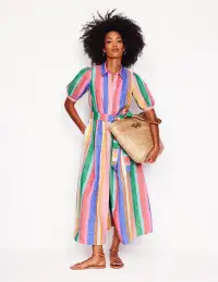 Alexa Linen Maxi Shirt Dress-Bright Rainbow Stripe(Petite,2)