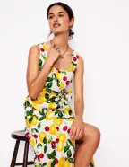 Square Neck Linen Midi Dress-Ivory. Cherries and Lemons