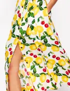 Square Neck Linen Midi Dress-Ivory. Cherries and Lemons(Petite,2)