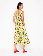 Square Neck Linen Midi Dress-Ivory. Cherries and Lemons(Petite,2)