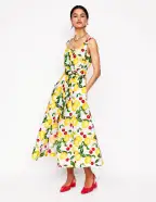Square Neck Linen Midi Dress-Ivory. Cherries and Lemons(Petite,2)