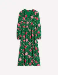 Cynthia Button Tea Dress-Rich Emerald. Carnation Vine(Petite,2)