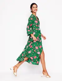 Cynthia Button Tea Dress-Rich Emerald. Carnation Vine