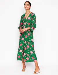 Cynthia Button Tea Dress-Rich Emerald. Carnation Vine(Petite,2)