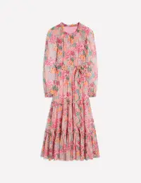 Ruffle Smocked Midi Dress-Almond Pink. Garden Bouquet(Petite,2)