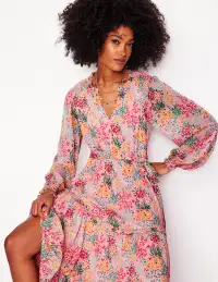 Ruffle Smocked Midi Dress-Almond Pink. Garden Bouquet