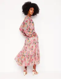 Ruffle Smocked Midi Dress-Almond Pink. Garden Bouquet(Petite,2)