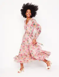 Ruffle Smocked Midi Dress-Almond Pink. Garden Bouquet(Petite,2)
