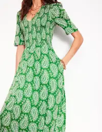 Bethany Smocked Jersey Dress-Paradise Green. Paisley Heart(Petite,2)