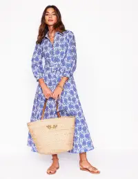 Clara Cotton Shirt Dress-Bright Blue. Paisley Heart(Petite,2)
