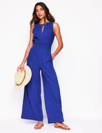 Smocked Double Cloth Jumpsuit-Bright Blue(Petite,2)