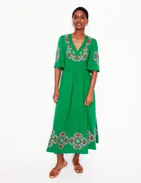 Maya Embroidered Kimono Dress-Rich Emerald. Embroidered(Petite,2)