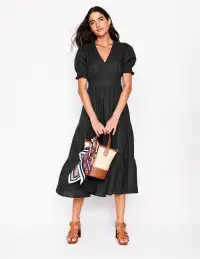 Anna Linen Tiered Midi Dress-Black(Petite,2)