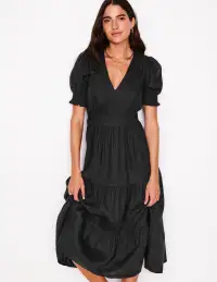 Anna Linen Tiered Midi Dress-Black(Petite,2)