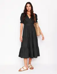 Anna Linen Tiered Midi Dress-Black(Petite,2)