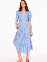 Anna Linen Tiered Midi Dress-Summer Blue Chambray(Petite,2)