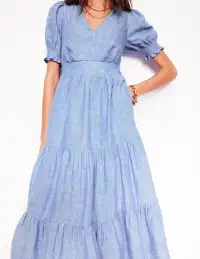Anna Linen Tiered Midi Dress-Summer Blue Chambray(Petite,2)