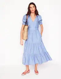 Anna Linen Tiered Midi Dress-Summer Blue Chambray
