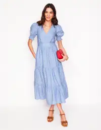 Anna Linen Tiered Midi Dress-Summer Blue Chambray(Petite,2)