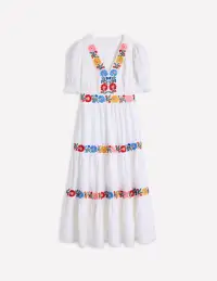 Anna Linen Tiered Midi Dress-White. Multi Embroidery(Petite,2)