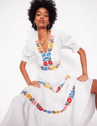 Anna Linen Tiered Midi Dress-White. Multi Embroidery(Petite,2)
