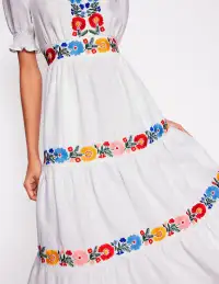 Anna Linen Tiered Midi Dress-White. Multi Embroidery(Petite,2)