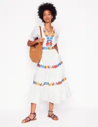 Anna Linen Tiered Midi Dress-White. Multi Embroidery(Petite,2)