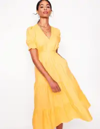Anna Linen Tiered Midi Dress-Buttermilk Yellow(Petite,2)